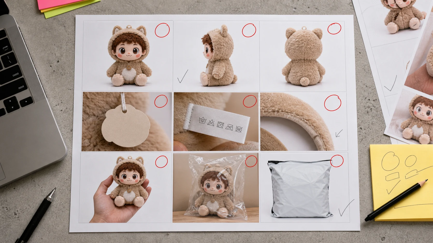 毛绒玩偶商品图九宫格返检板展示主图、吊牌、洗标、绒毛边缘和尺寸参照