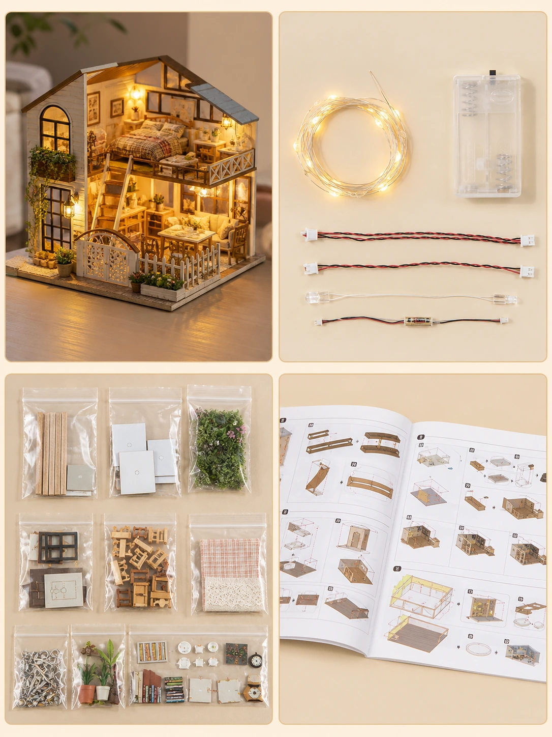 DIY 微缩屋商品图责任分层图，包含成品、灯光、零件袋和说明书