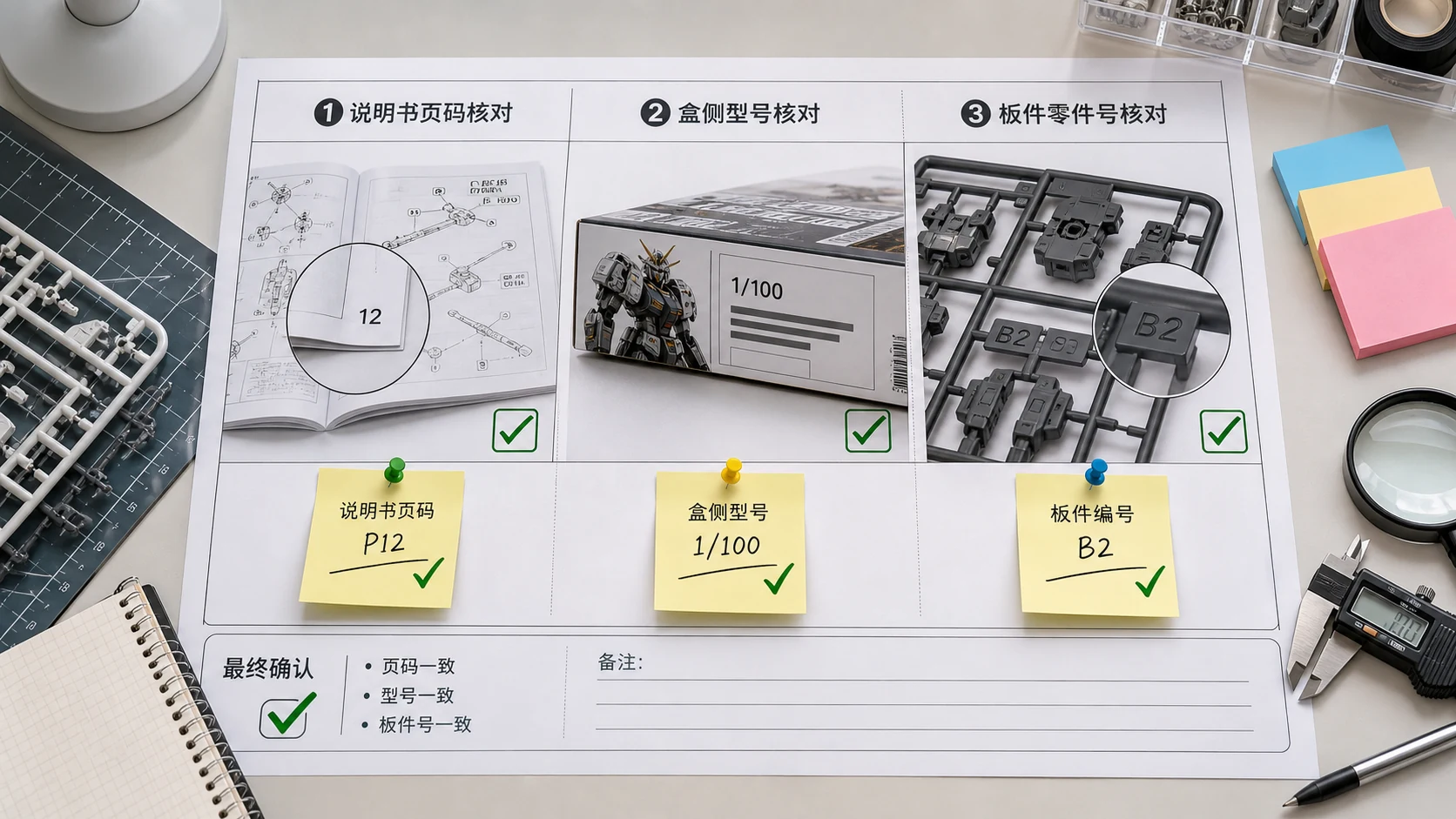 说明书页码、盒侧型号和板件编号三栏对照的修图返检流程