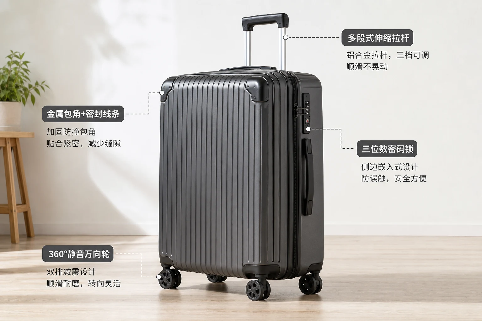 行李箱商品图上标注万向轮、拉杆标签、密码锁和箱角证据区