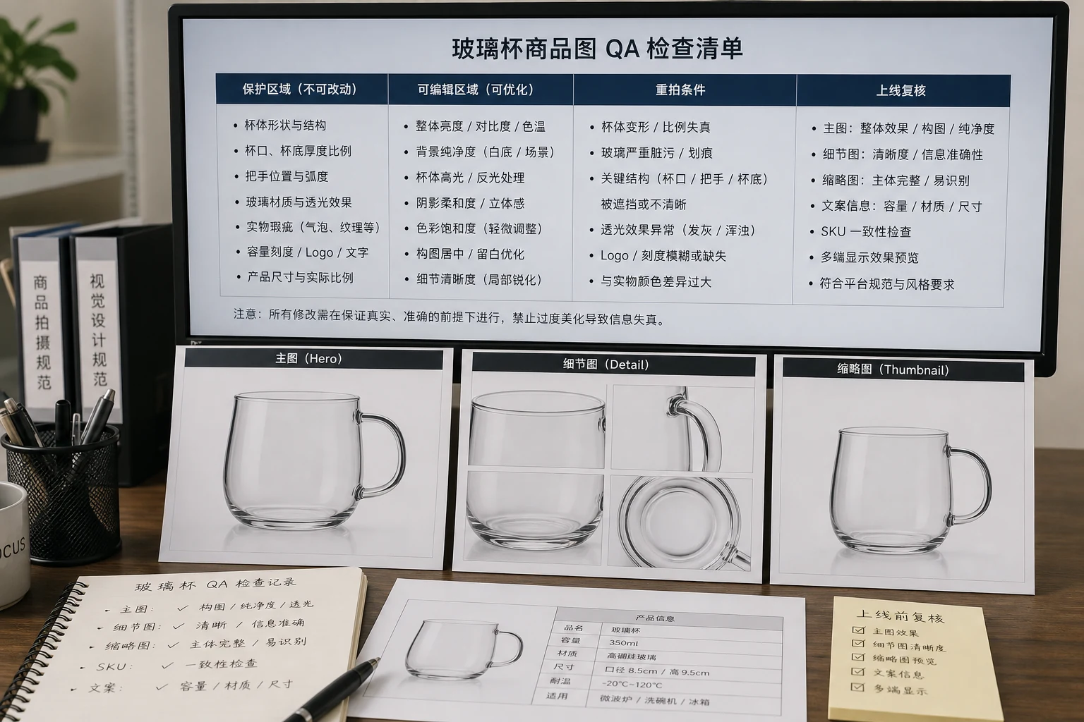 玻璃杯商品图修图验收板包含禁改区可优化区和退回补拍条件