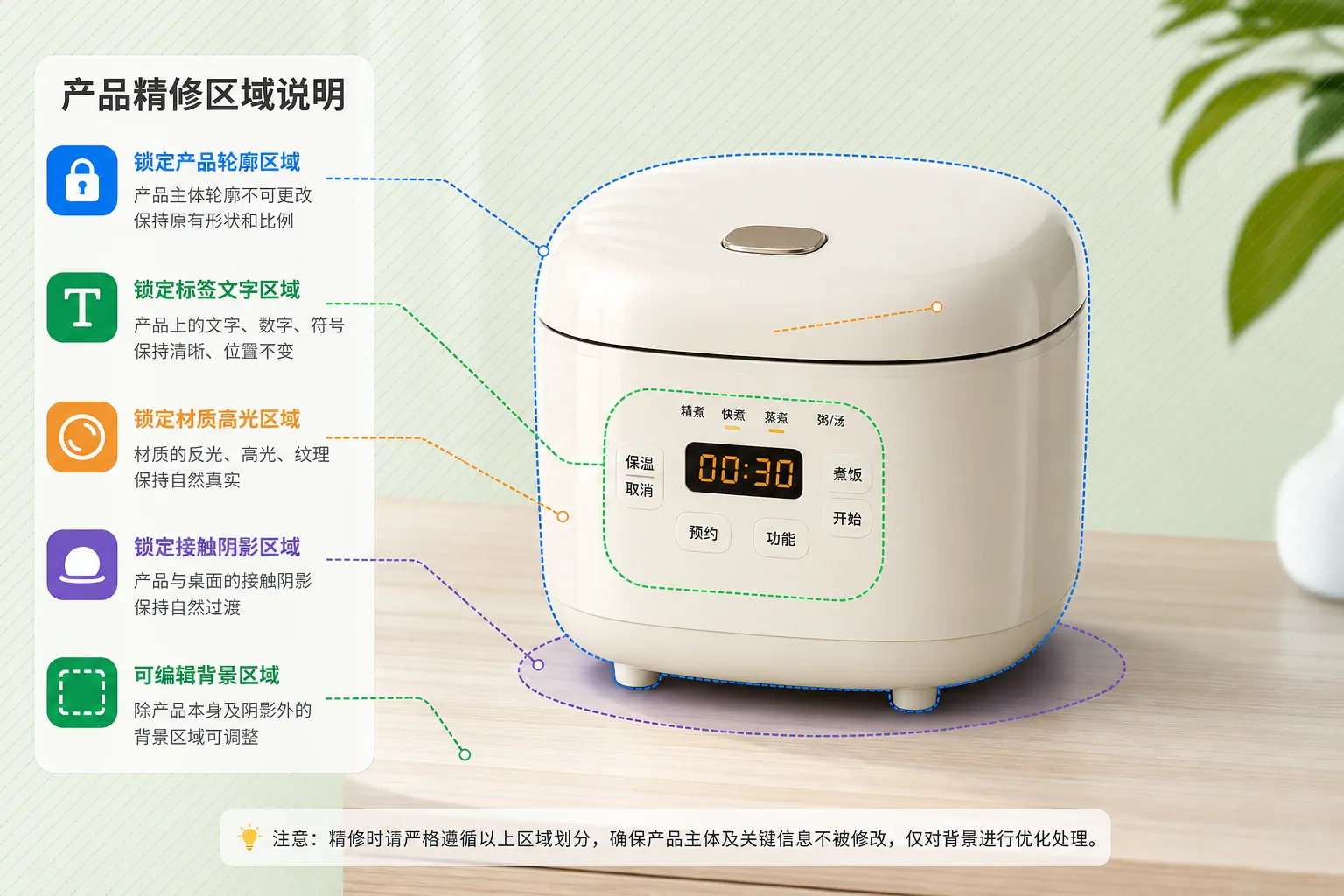 浅场景商品图中背景可调整但商品轮廓标签和材质被锁定保护