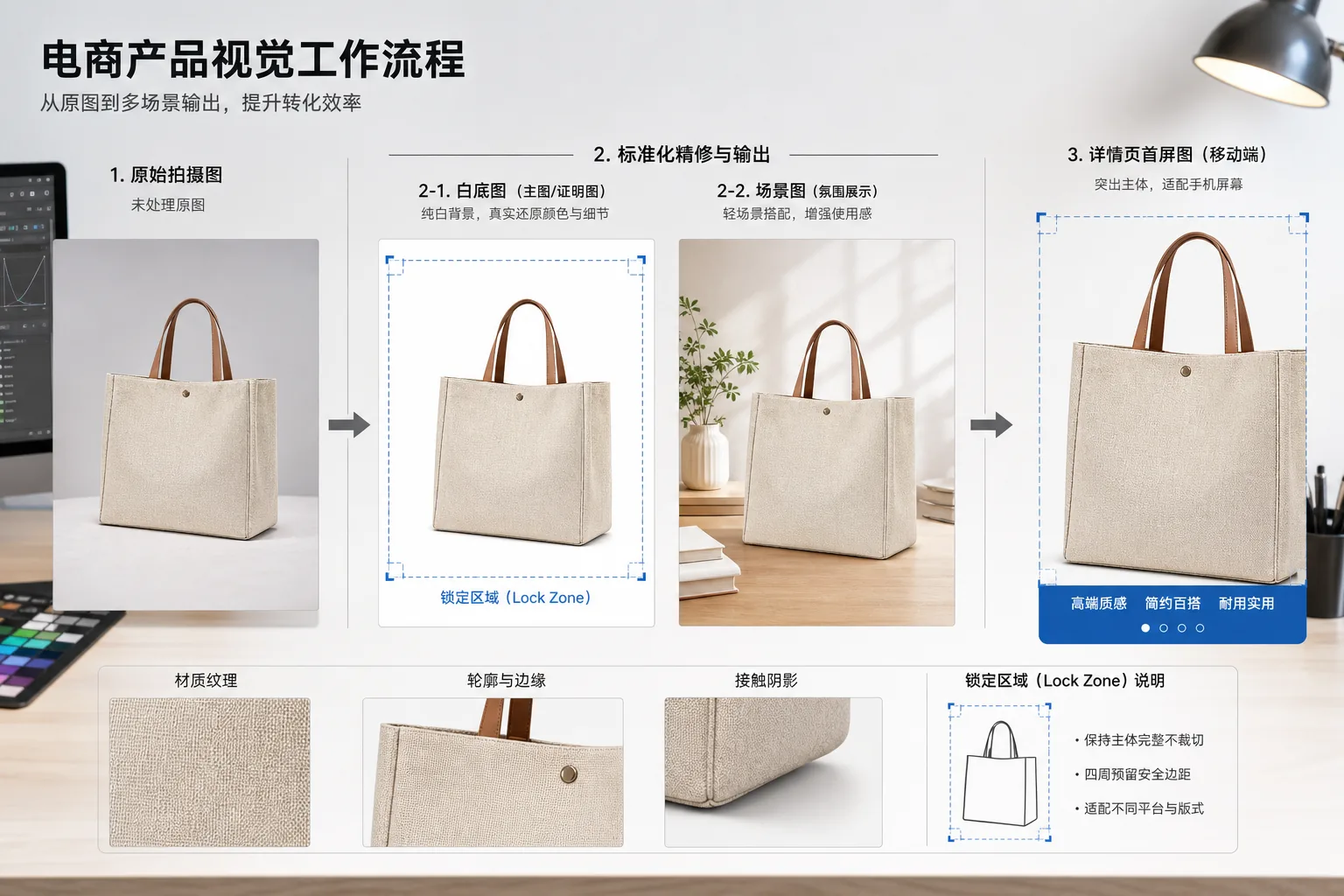 一张商品原图分流到白底保真浅场景和详情页首屏三条图叮任务路径