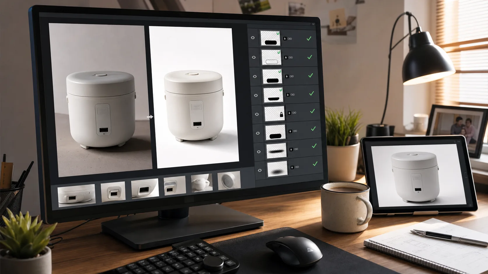 商品图在 Photoshop 图层里对照原图、图叮修后图和证据区