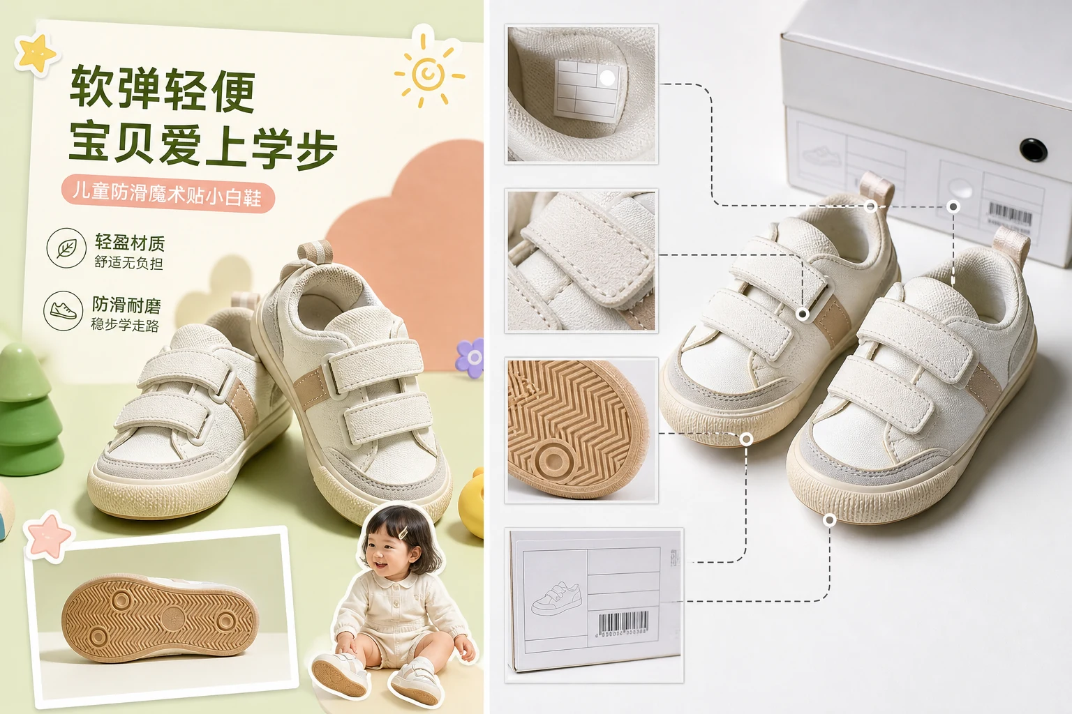 童鞋商品图一侧是模板活动卡片一侧是尺码标魔术贴鞋底纹证据板
