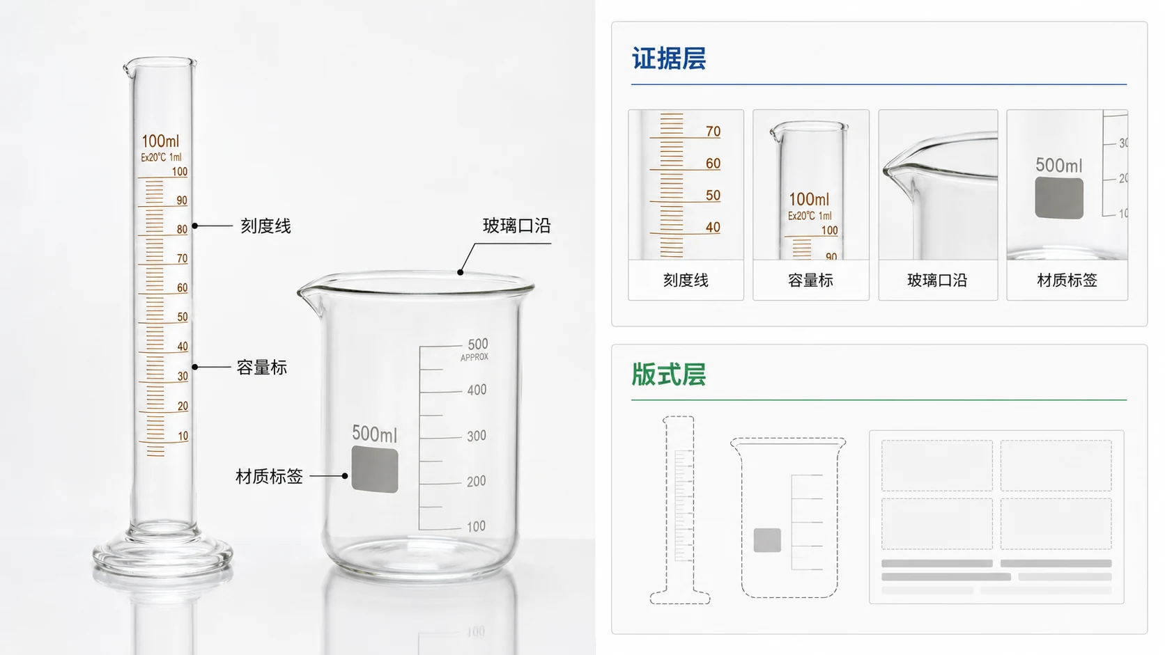 实验室量筒和烧杯商品图的证据位与版式区对比图