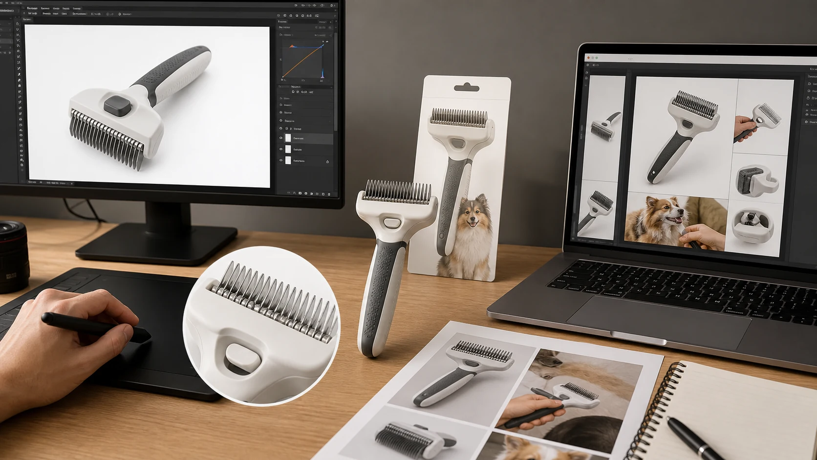 宠物梳毛器商品图在图叮和 Canva 可画之间分工的工作台