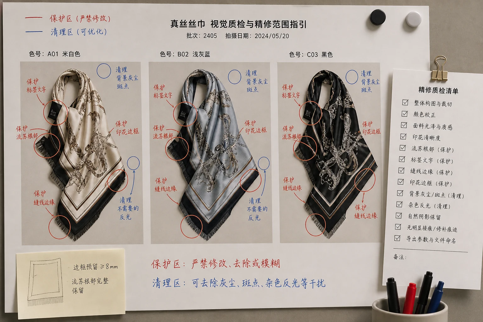 多色丝巾批量返检板上分出可修区和保护区
