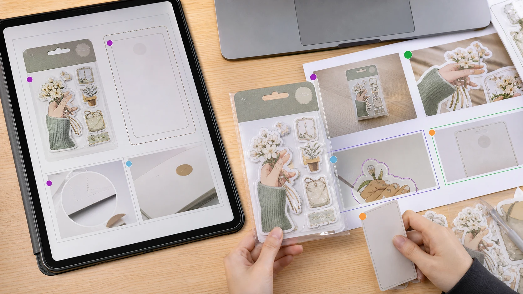贴纸包商品图对比工作台，左侧是 Canva 模板排版稿，右侧是图叮保留刀线和授权卡的商品证据图