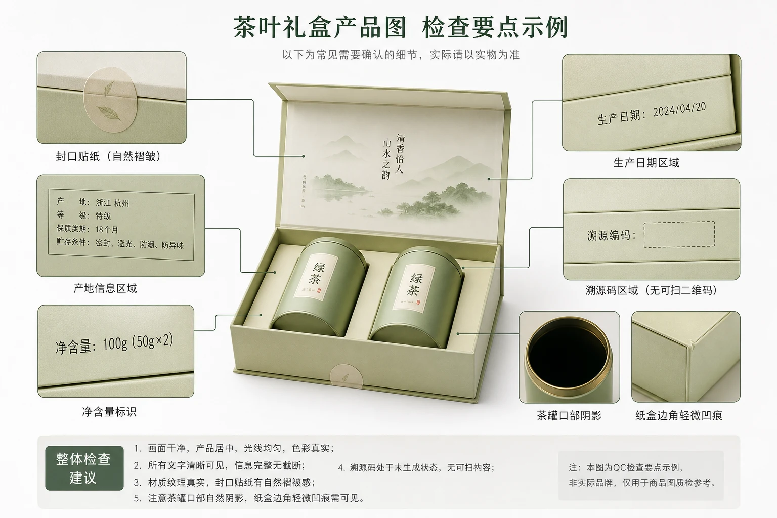 茶叶礼盒封签产地标净含量溯源码等证据位检查板