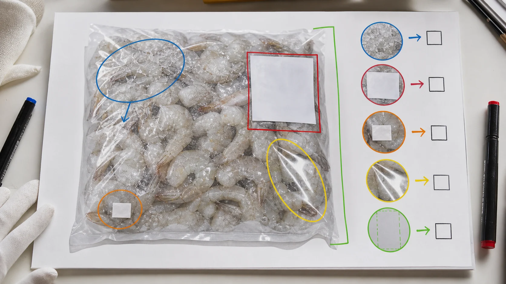 冷冻虾仁商品图验收板标出冰衣规格袋和产地码证据区