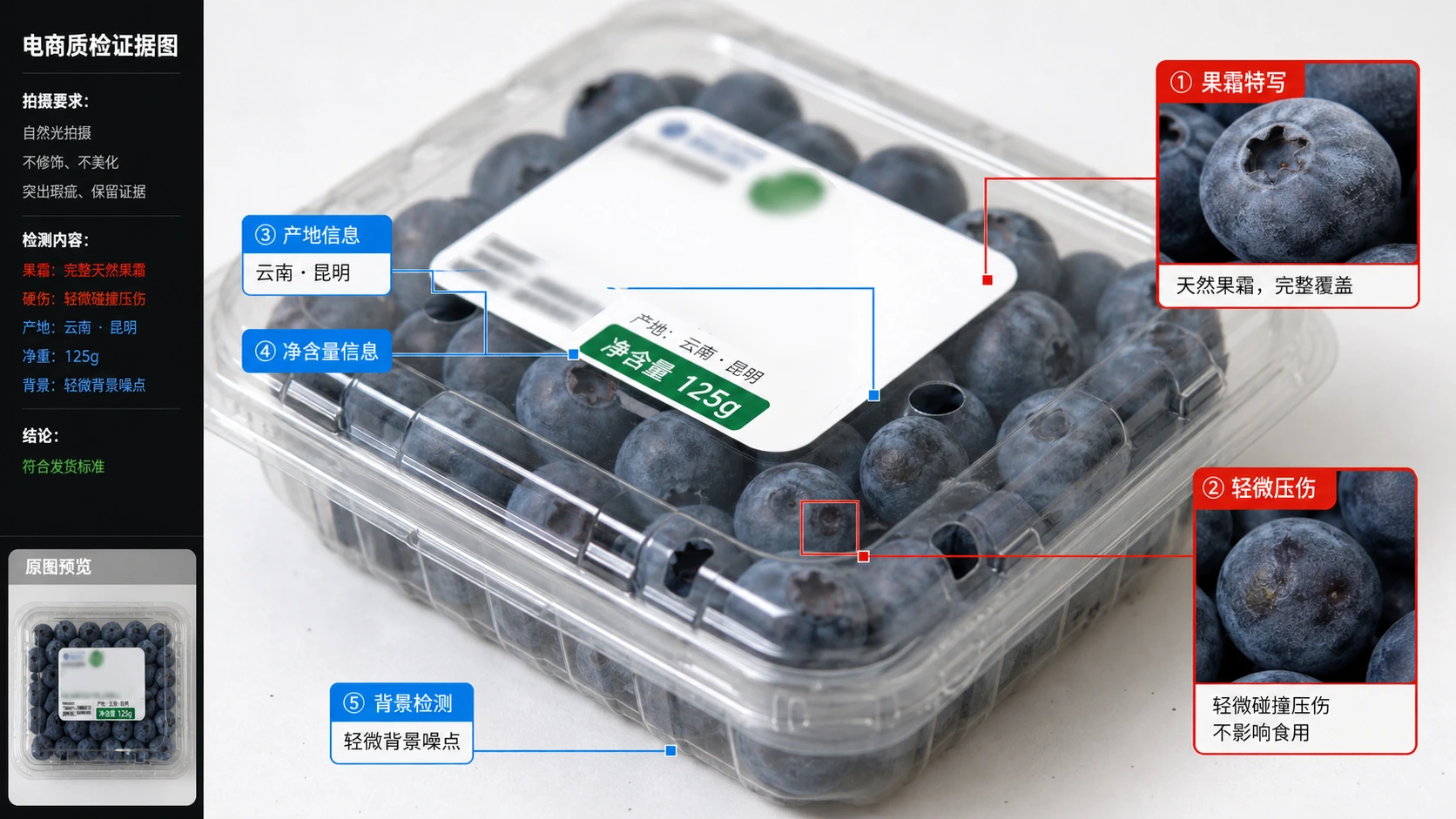 蓝莓礼盒商品图返检工作台上标出果粉、坏果、产地标签和背景噪点四个证据区