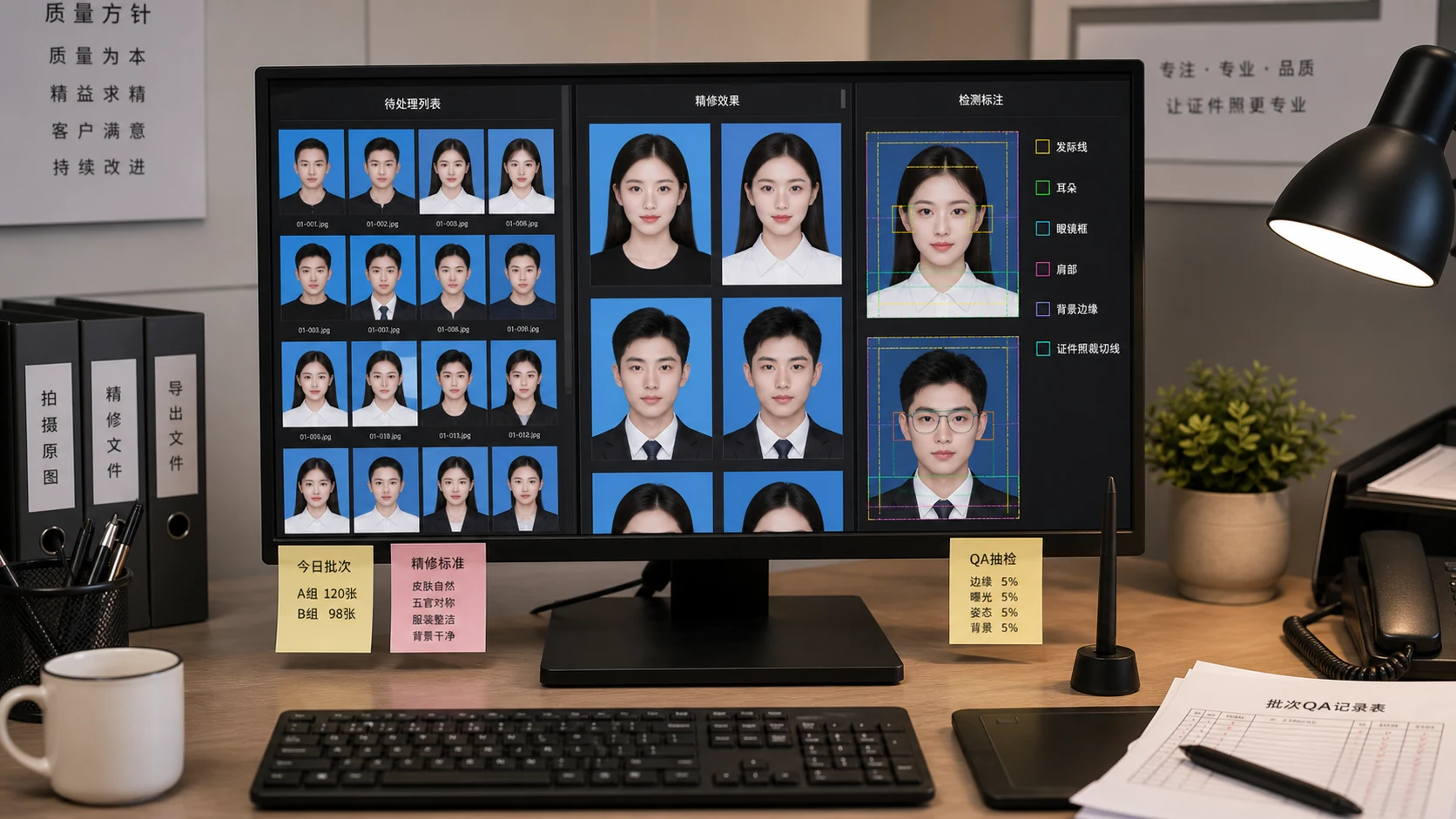 证件照批量修图工作台上对比美颜结果和五官边界返检标注