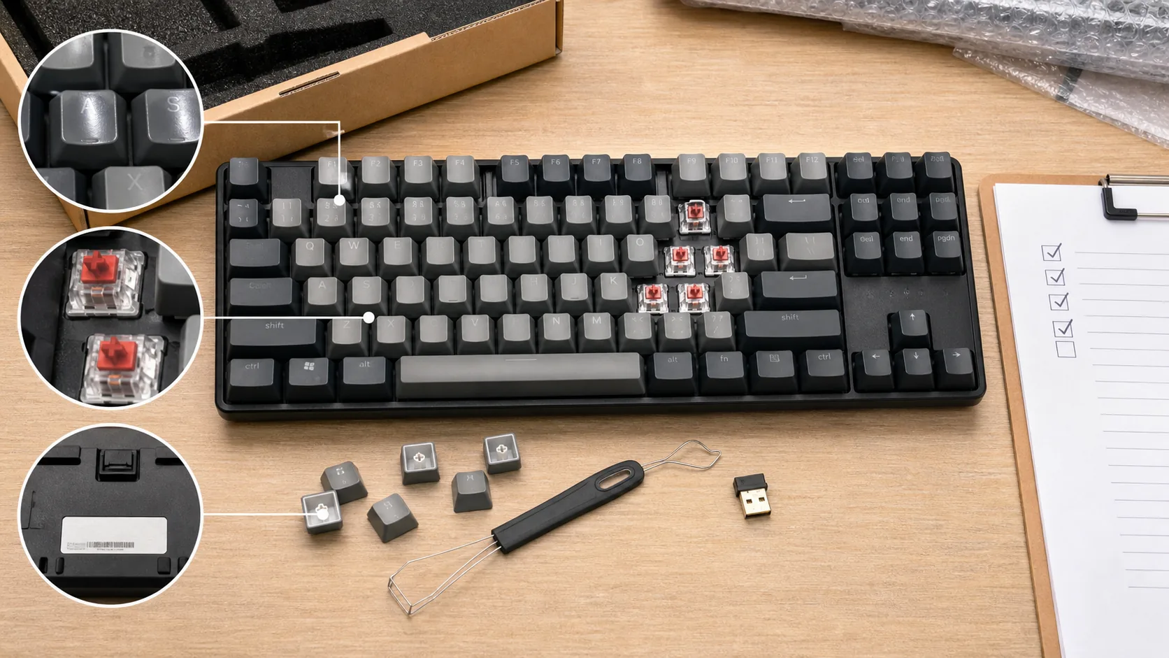 二手机械键盘商品图对比工作台展示键帽油光轴体颜色序列号和包装清单