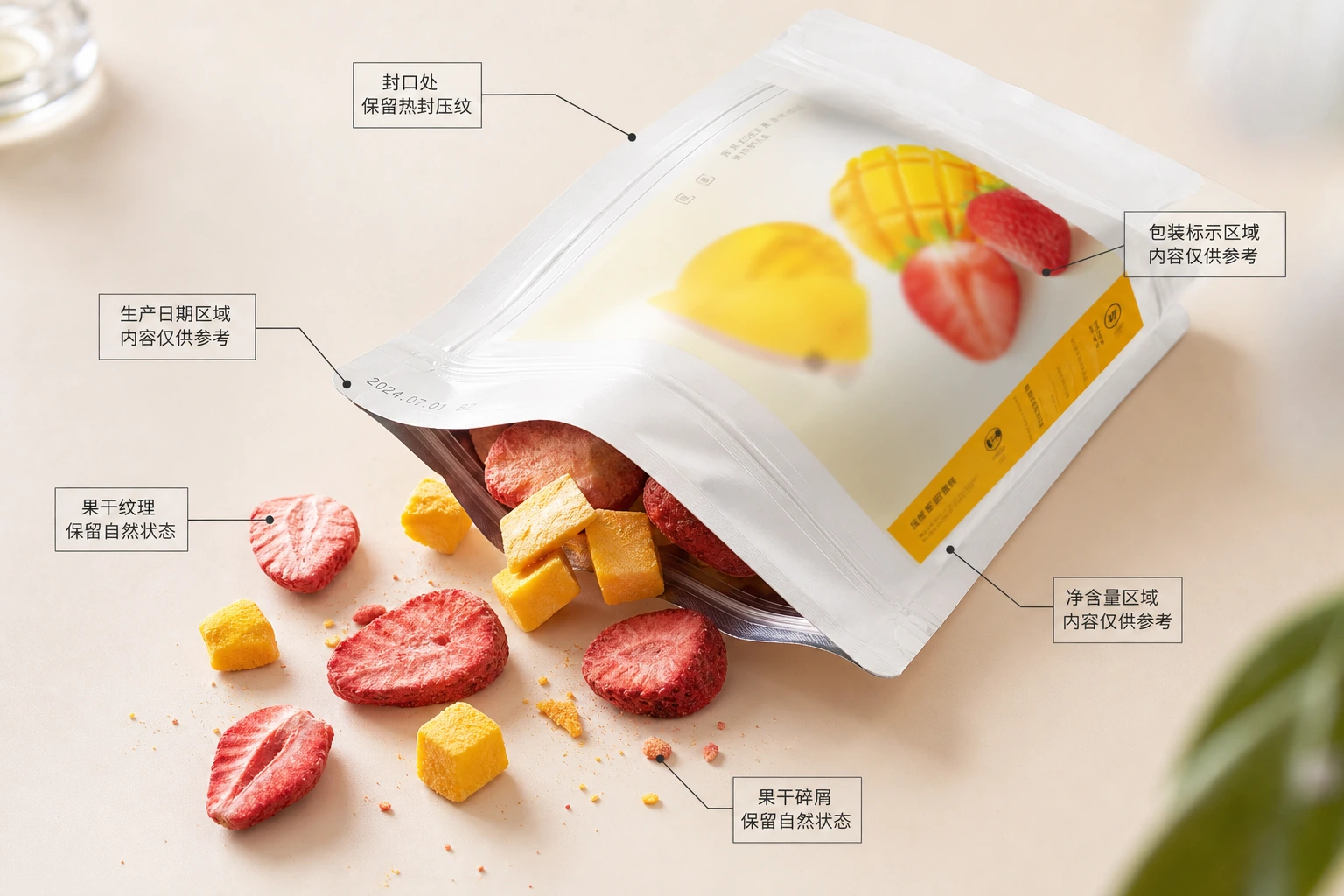 冻干水果脆包装和果粒细节的证据位标注图