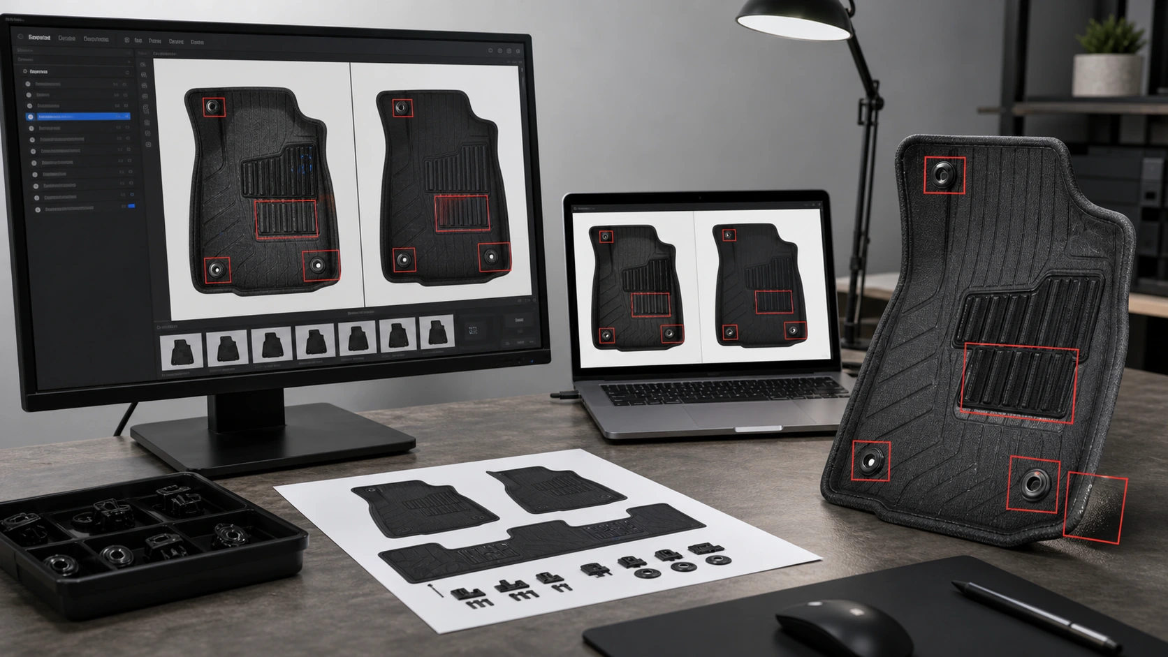 汽车脚垫商品图批量修图工作台，对比图叮 AI 和 Photoshop 生成式填充的处理流程
