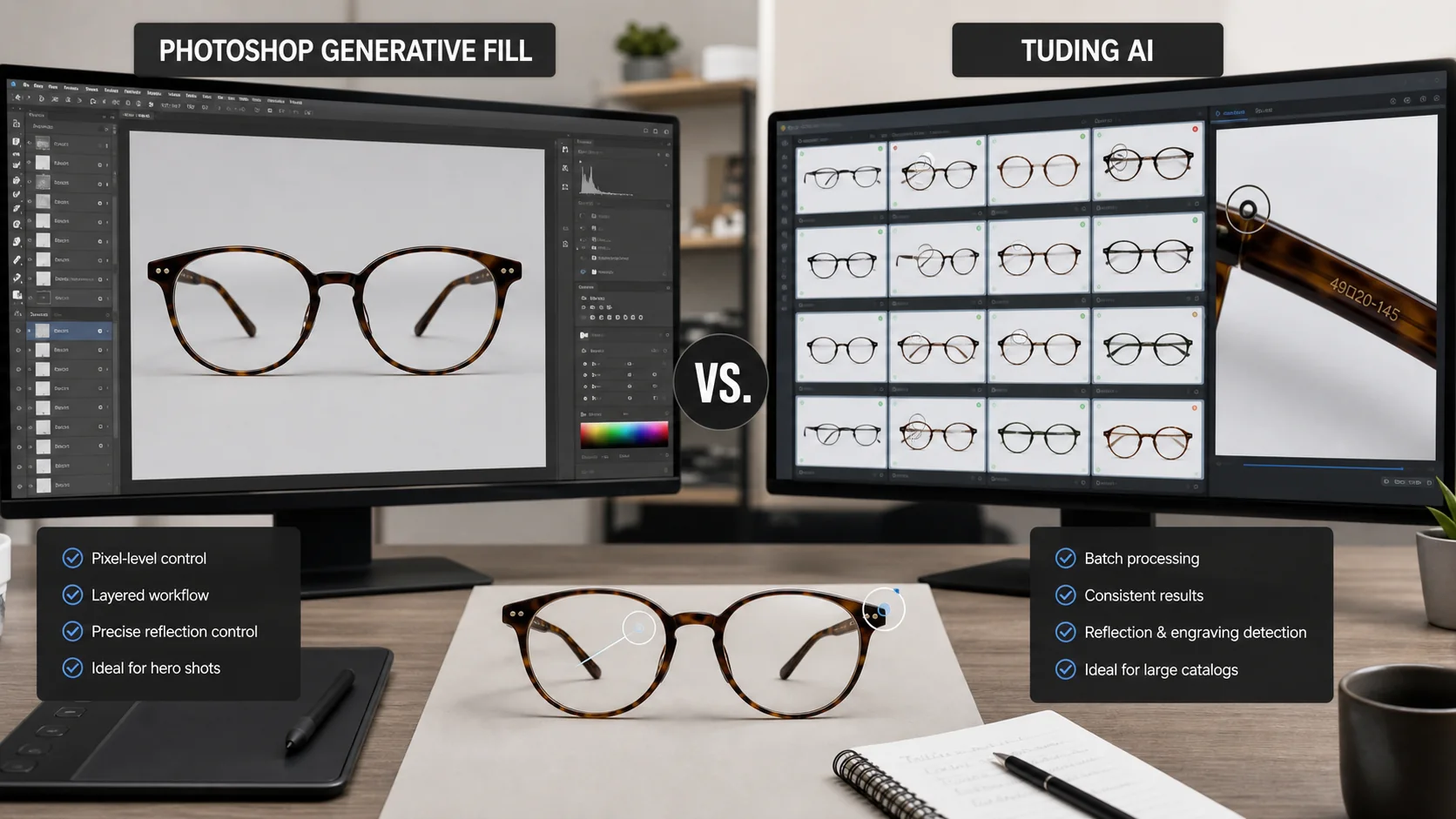 眼镜商品图在 Photoshop 生成式填充和图叮 AI 两条流程中的对比工作台