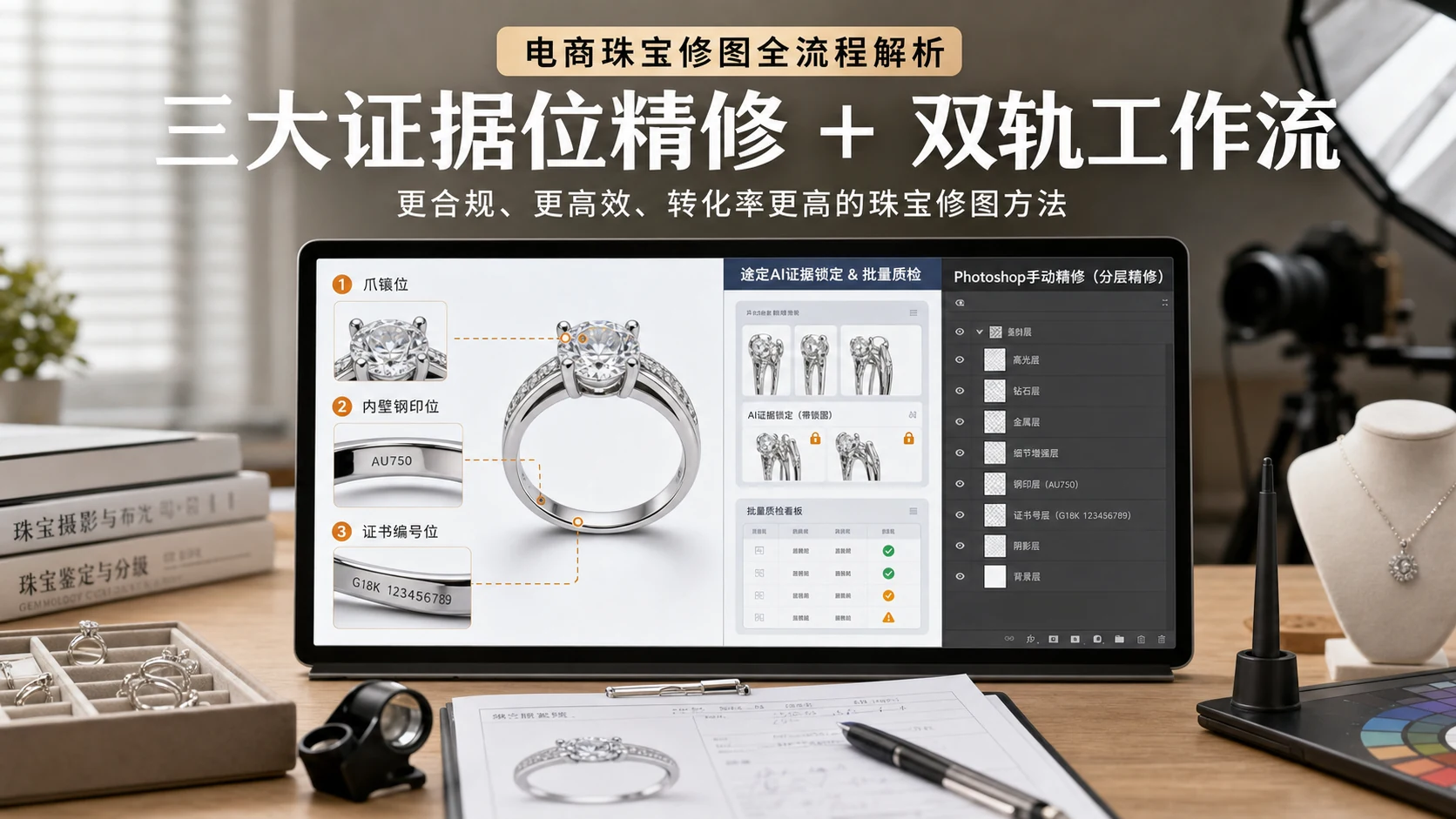 珠宝戒指商品图在图叮与 Photoshop 之间分工的工作台示意