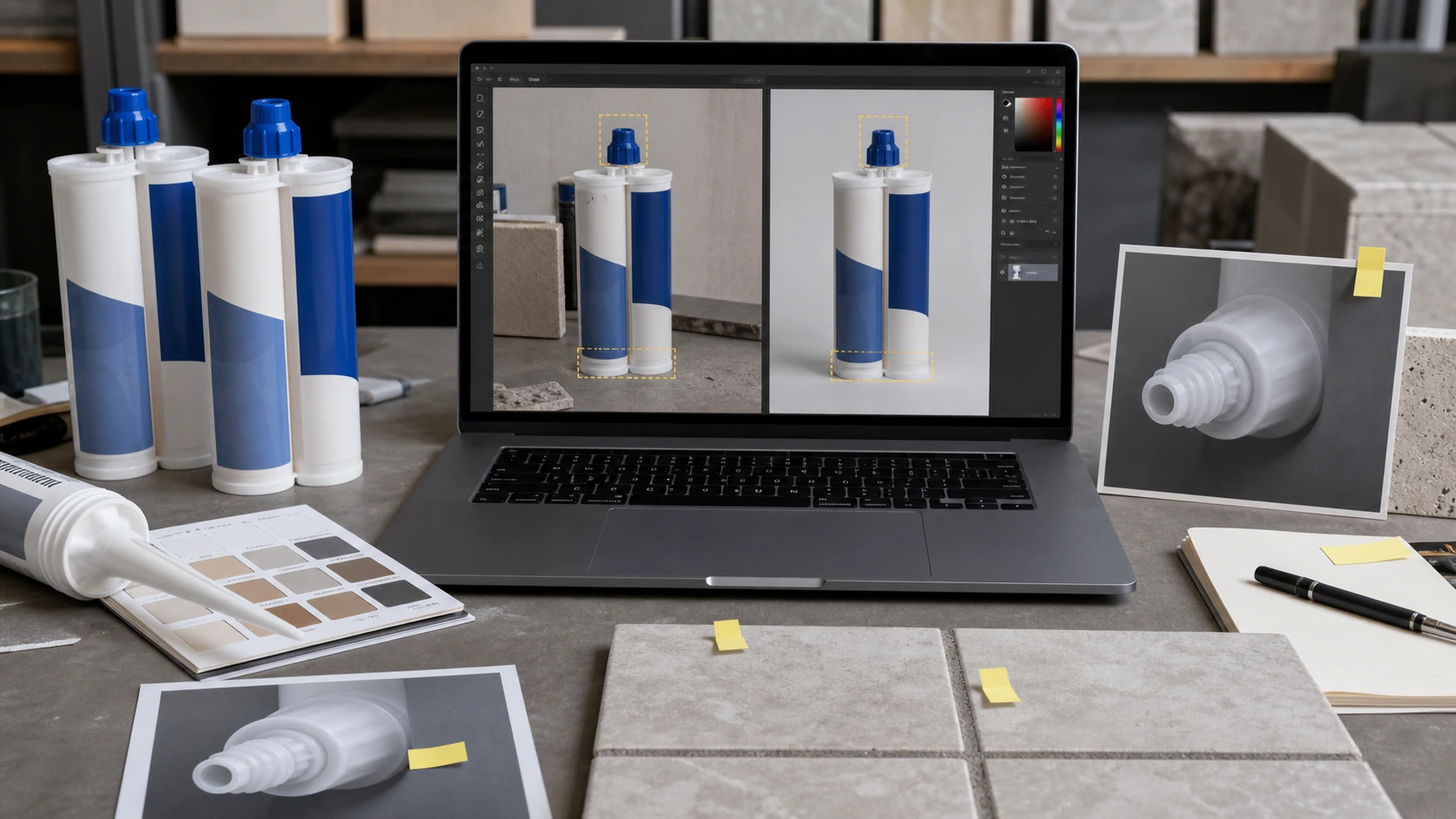 美缝剂商品图工作台上对比图叮 AI 和 Photoshop 生成式填充的处理边界