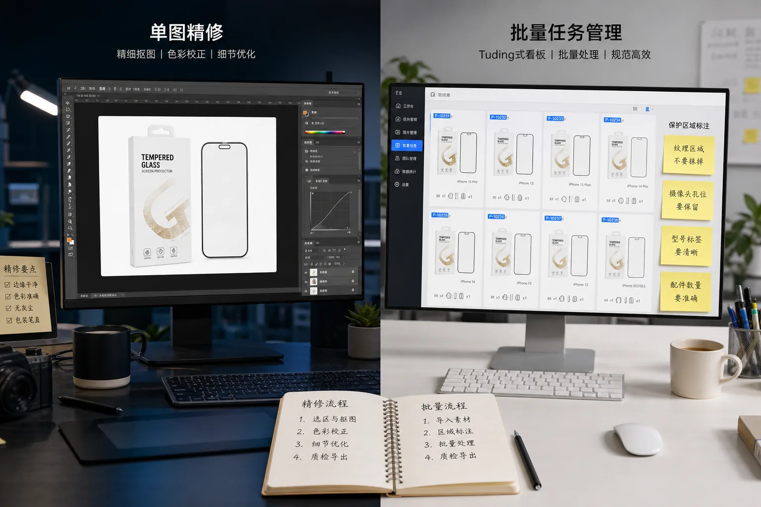 类纸膜修图工作台对比 Photoshop 单张精修和图叮批量保护区 brief