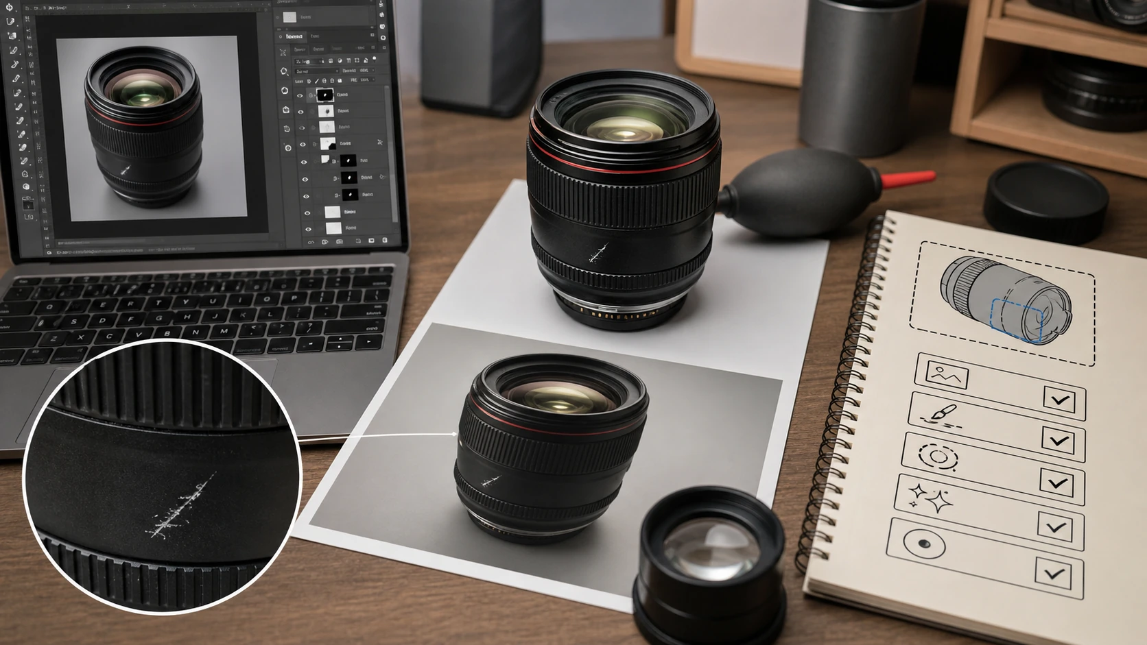 二手相机镜头修图工作台上对比 Photoshop 生成式填充和图叮 AI 的处理边界