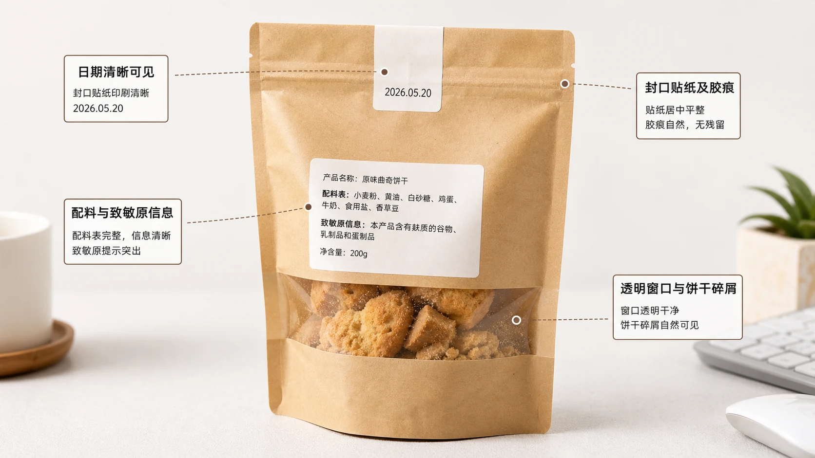 牛皮纸饼干袋封口贴商品图，日期、配料、袋口胶痕和透明开窗被标注出来