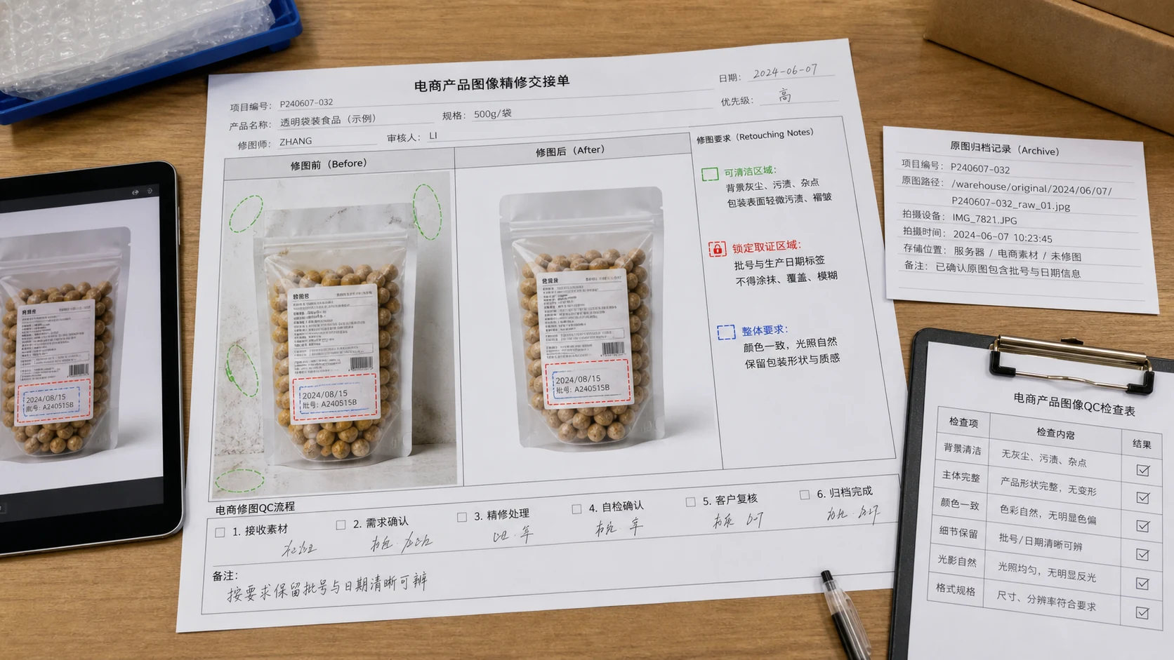AI 修图前后交接单标注对比图