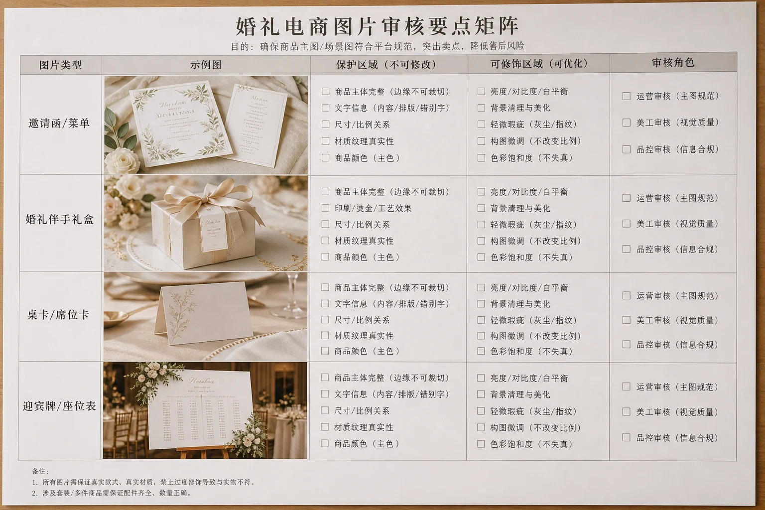 婚庆用品行业验收矩阵展示请柬伴手礼桌卡迎宾牌的复核重点