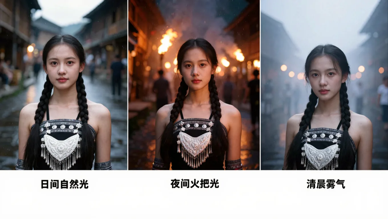 三种不同光影的苗疆写真对比