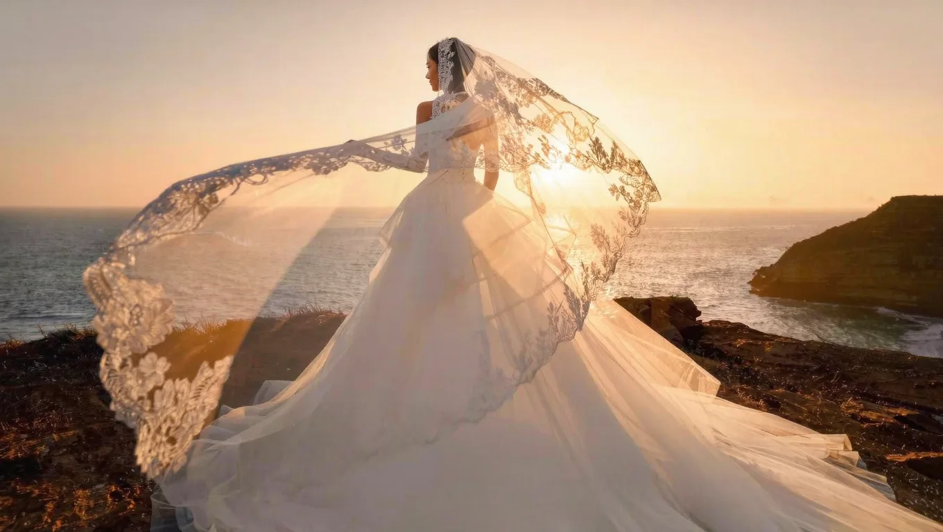 一键AI修图处理后的完美婚纱边缘精修图