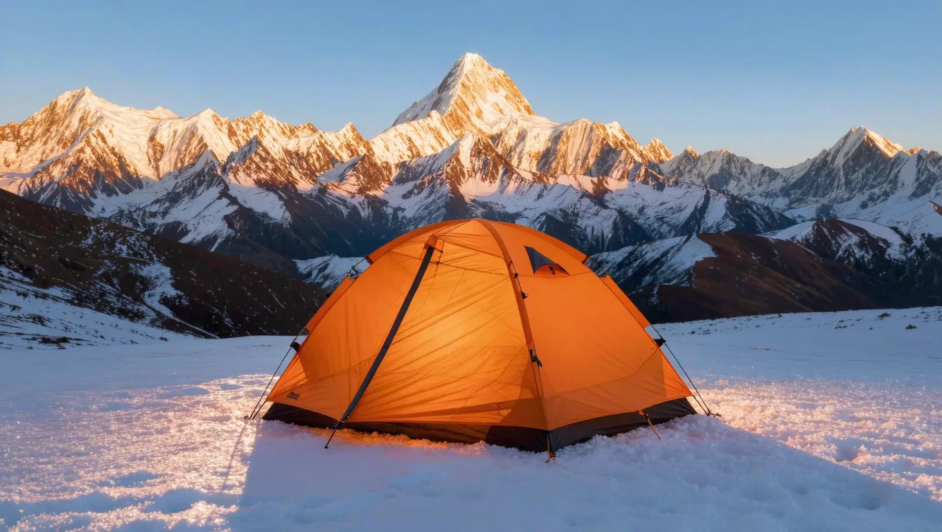 ai白底图生图免费生成的橙色高山帐篷雪山营地