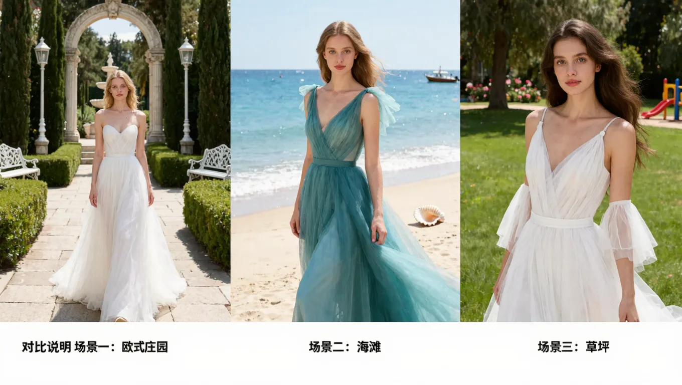 三种不同场景的订婚轻婚纱照对比