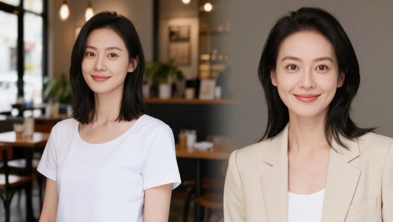 女性职业形象照前后对比:T恤变米色西装