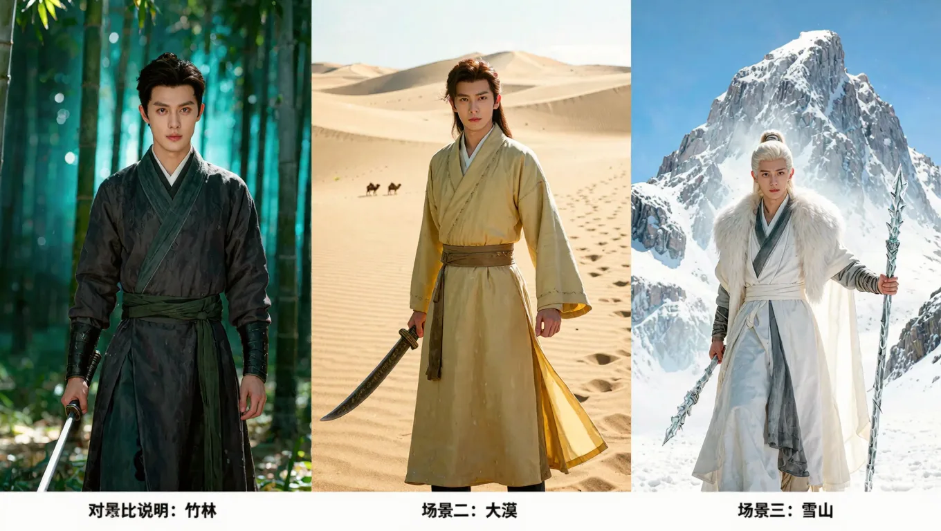三种不同场景的武侠照对比