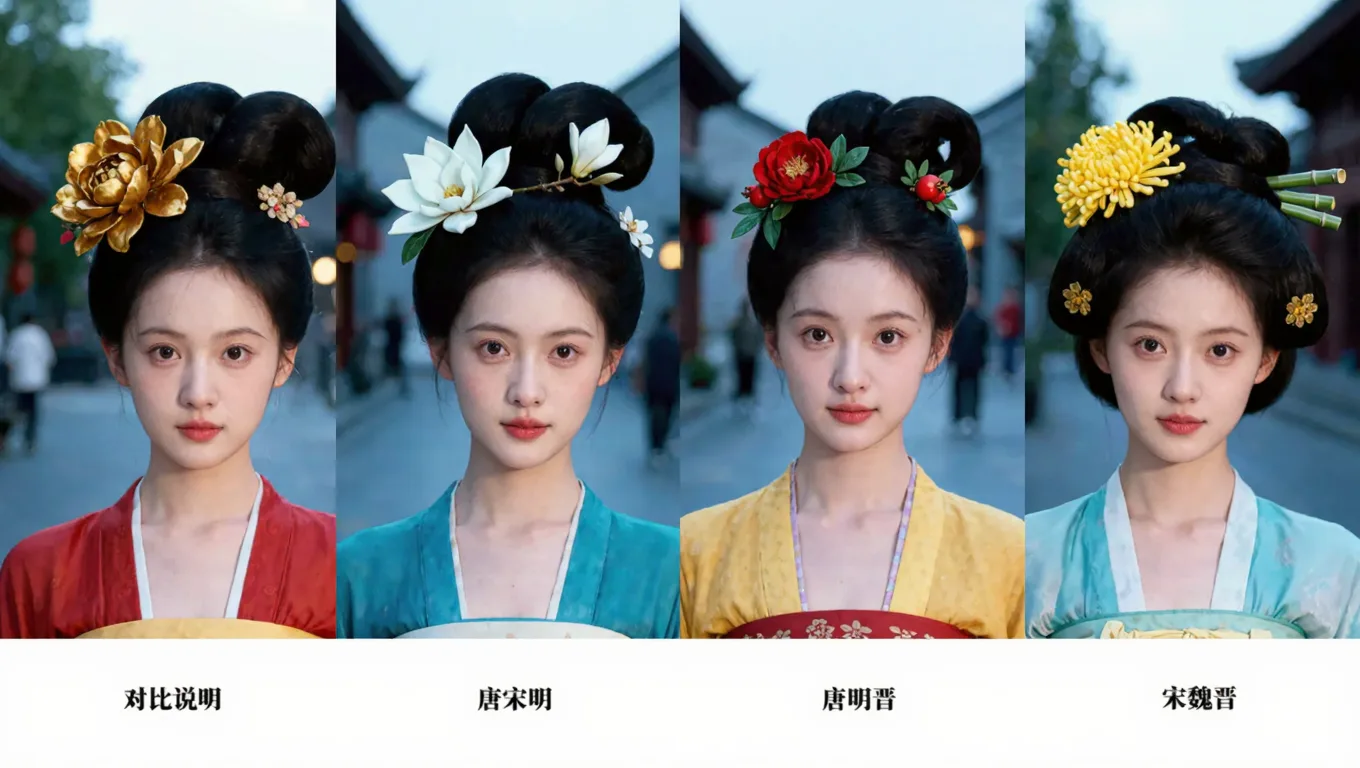 四种不同朝代汉服簪花照对比