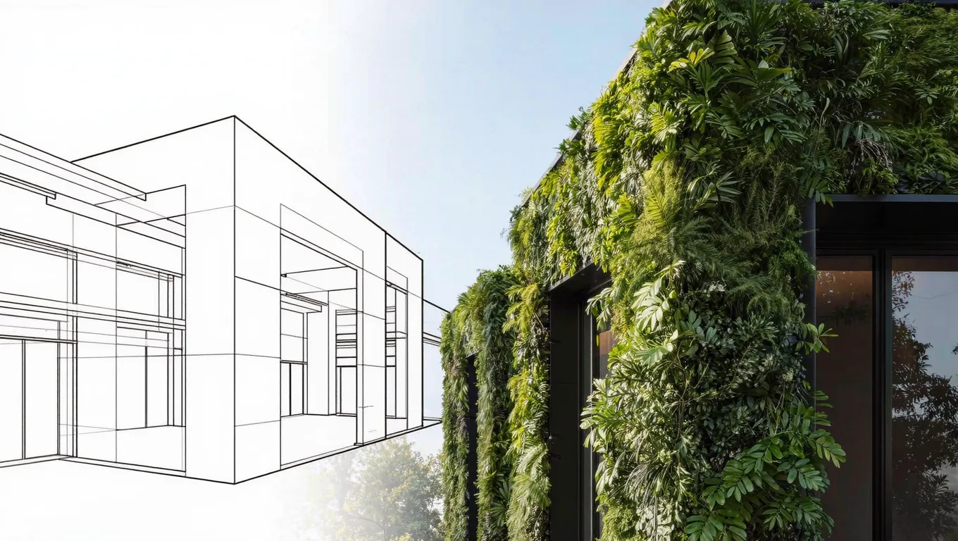 建筑线框草图与AI渲染实景图前后对比