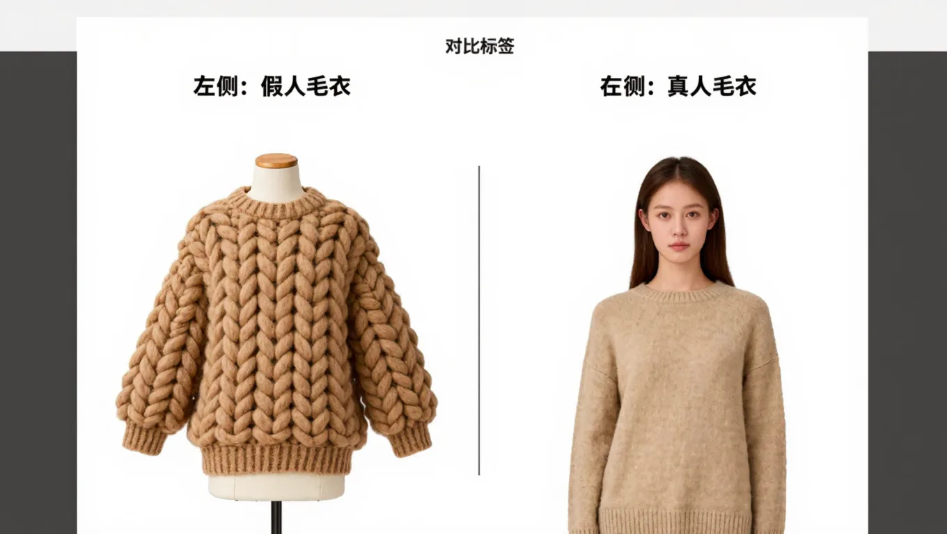 假人模特与AI生成真人穿着毛衣对比