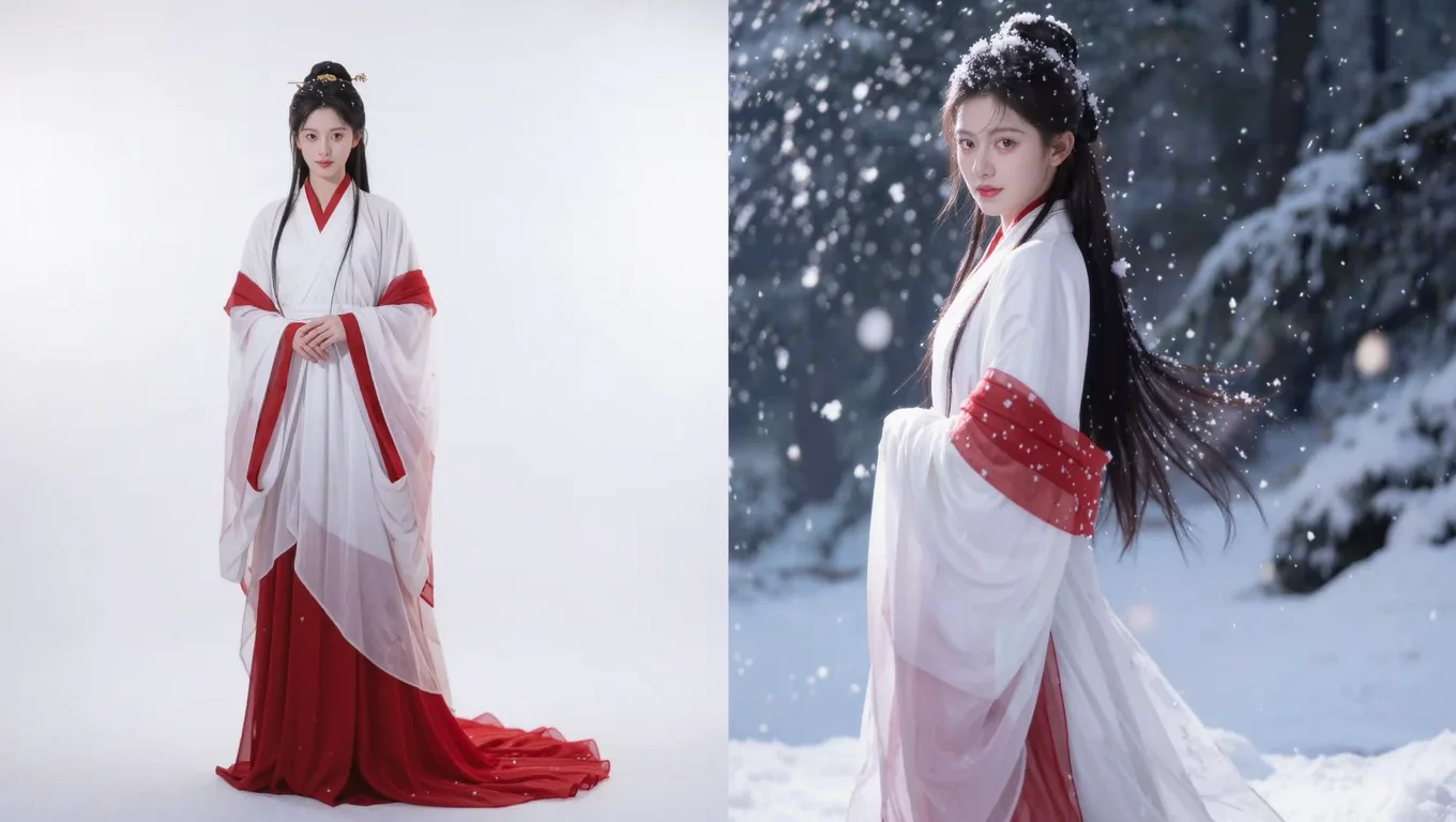 汉服白底图与雪景合成对比