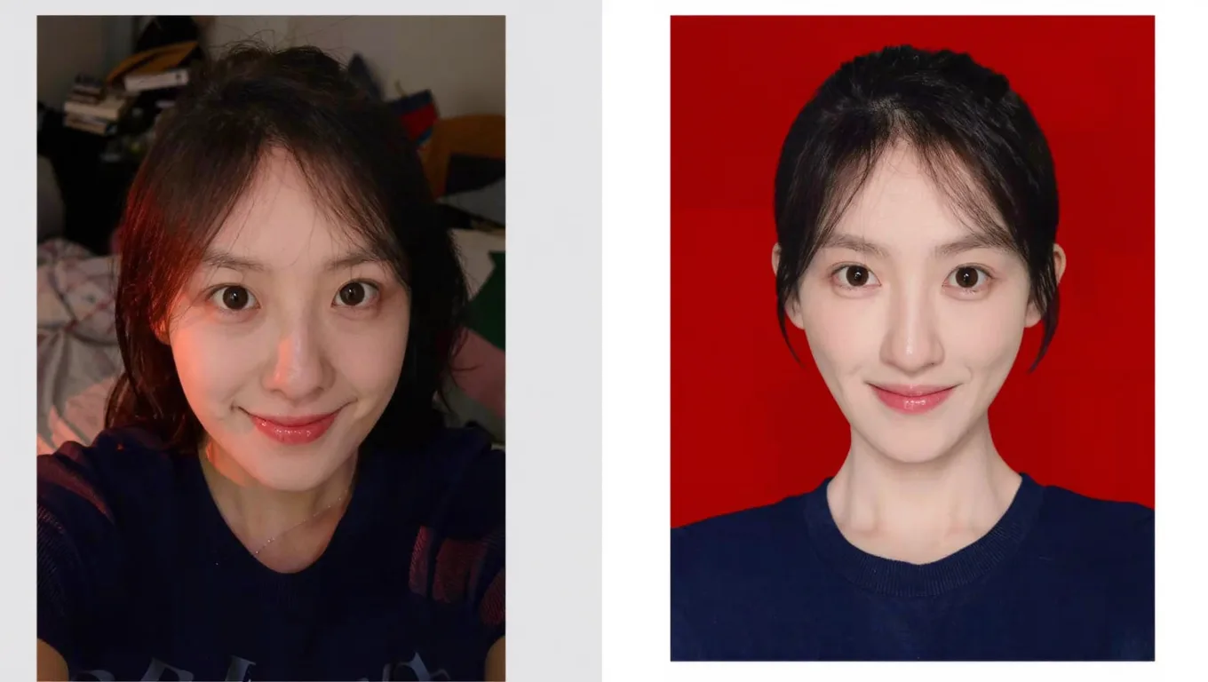 杂乱背景自拍与标准红底证件照对比