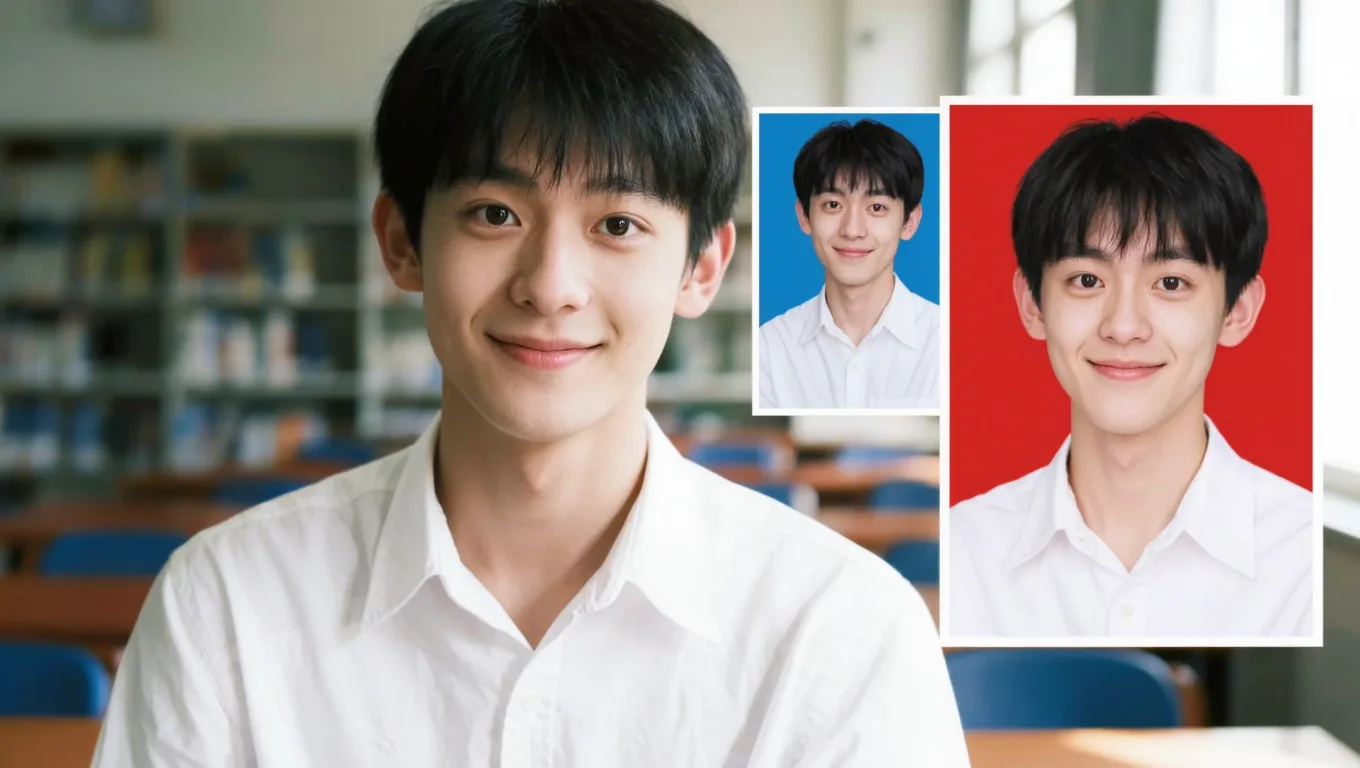 男大学生一寸照换红底前后对比