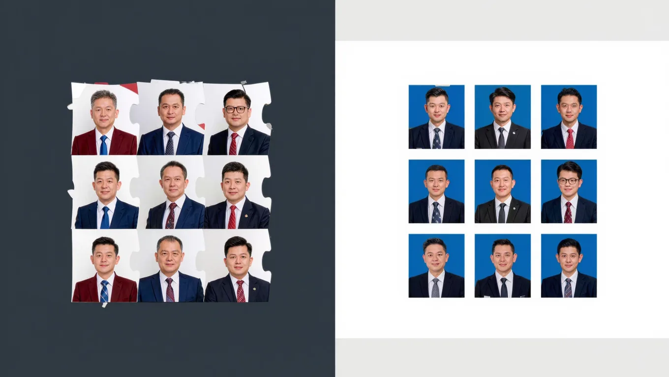 杂乱底色员工照与统一蓝底排版照对比