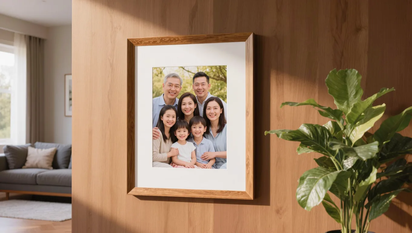 上色后的全家福放入木质相框挂在墙上展示