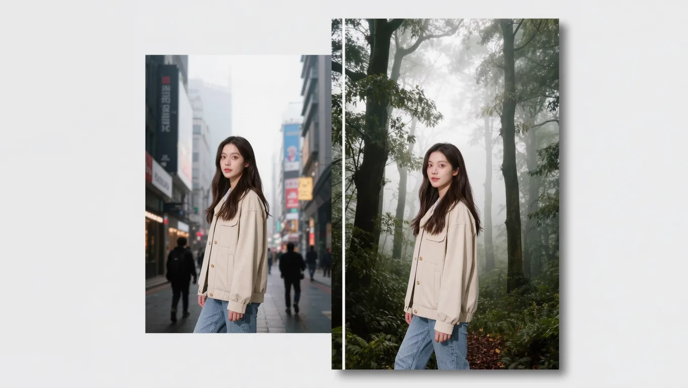 杂乱游客背景人像与唯美森林背景人像对比