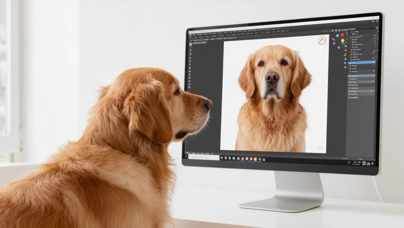 金毛犬背影与屏幕中抠图合成的白底电商主图对比