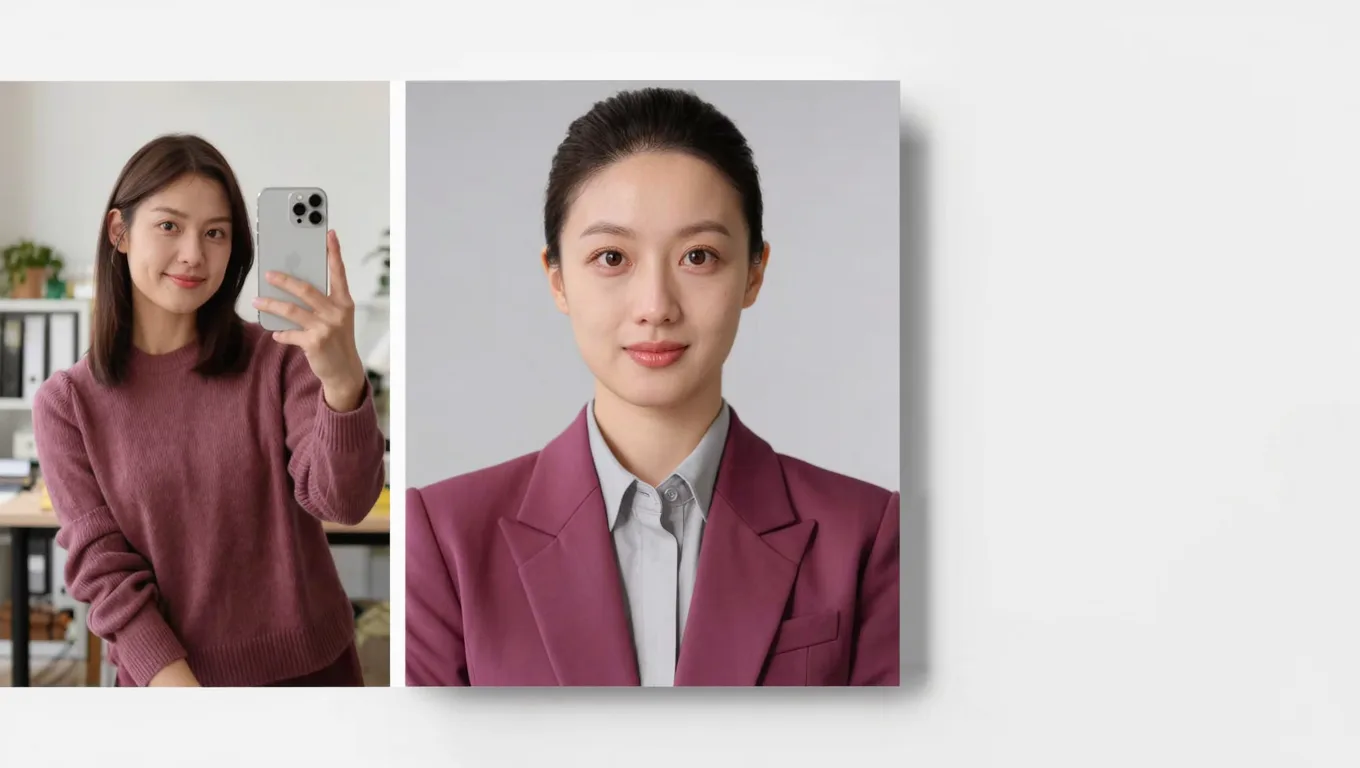 杂乱自拍原图与标准灰底精修简历照对比