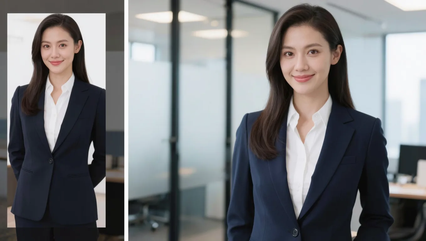 职场女性简历照片精修换底前后对比