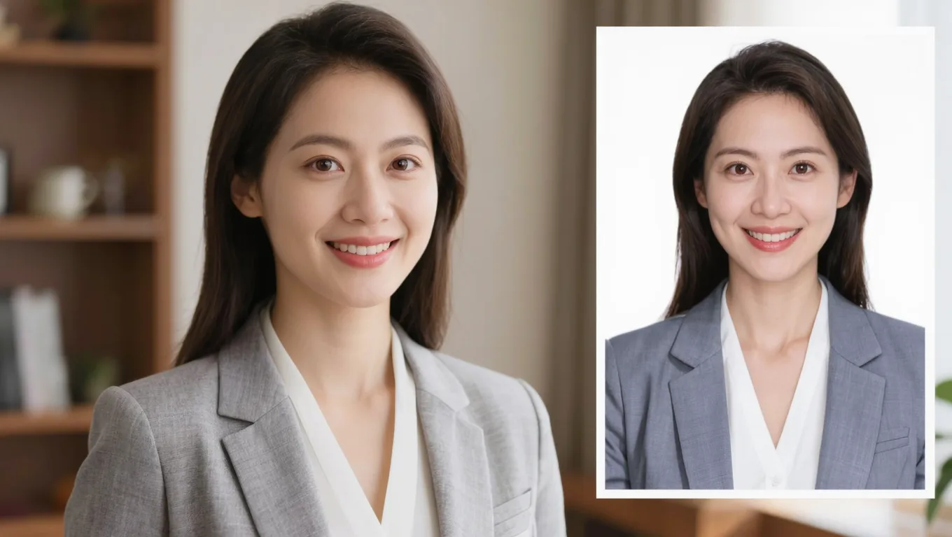 职场女性证件照换白底前后对比