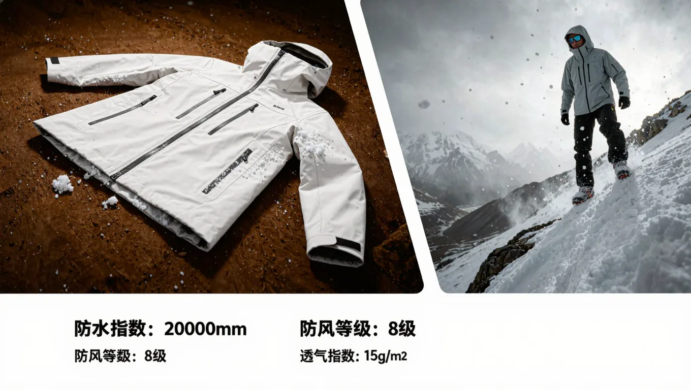 白底冲锋衣通过免费AI生图工具生成的暴风雪山硬核大片