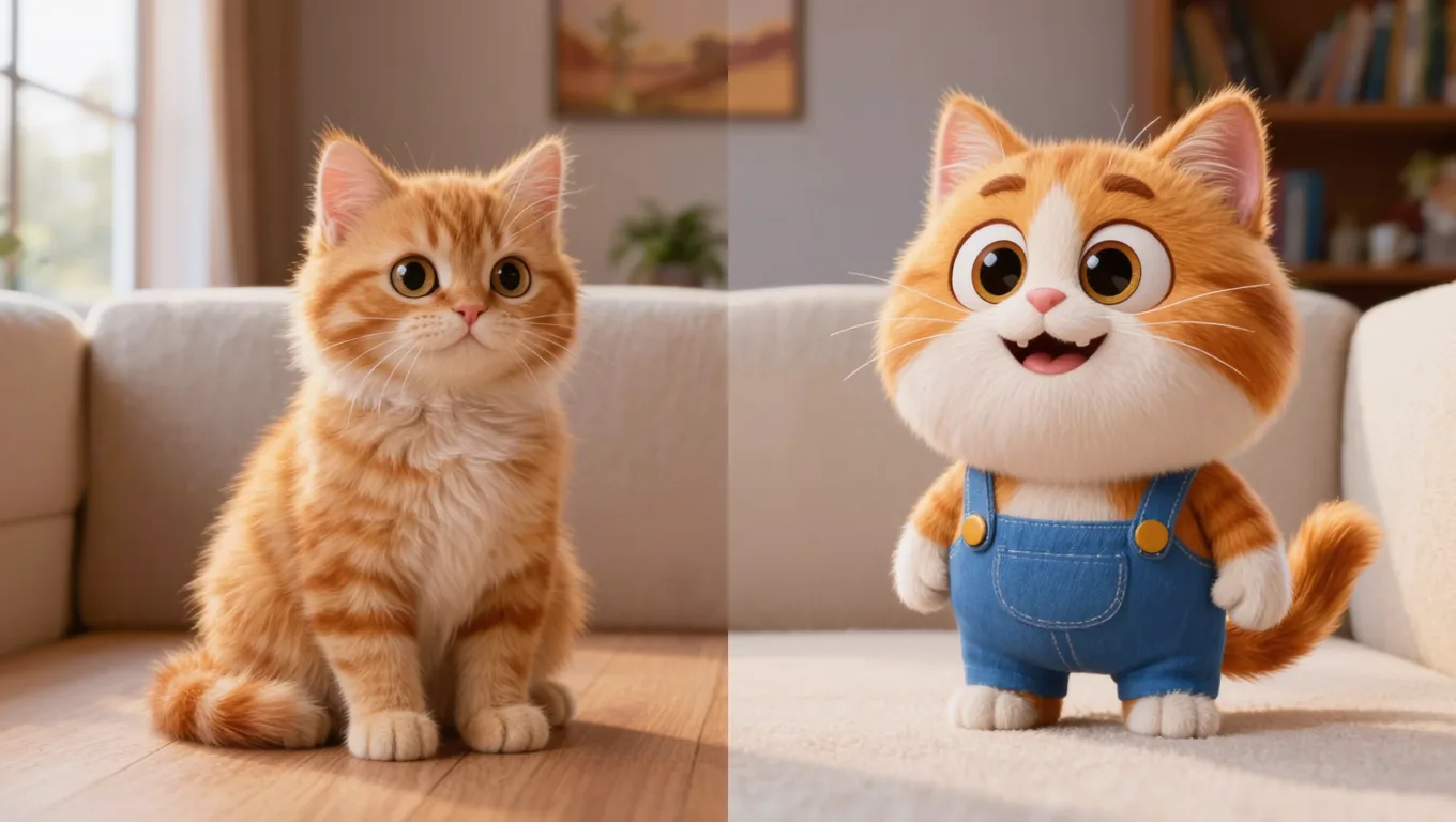 猫咪拟人头像前后对比：真实橘猫变皮克斯3D风格