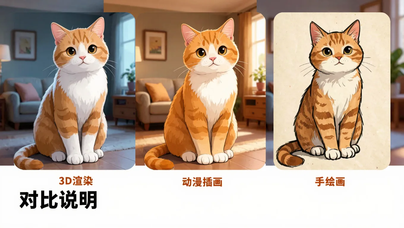 三种不同风格的猫咪拟人头像对比